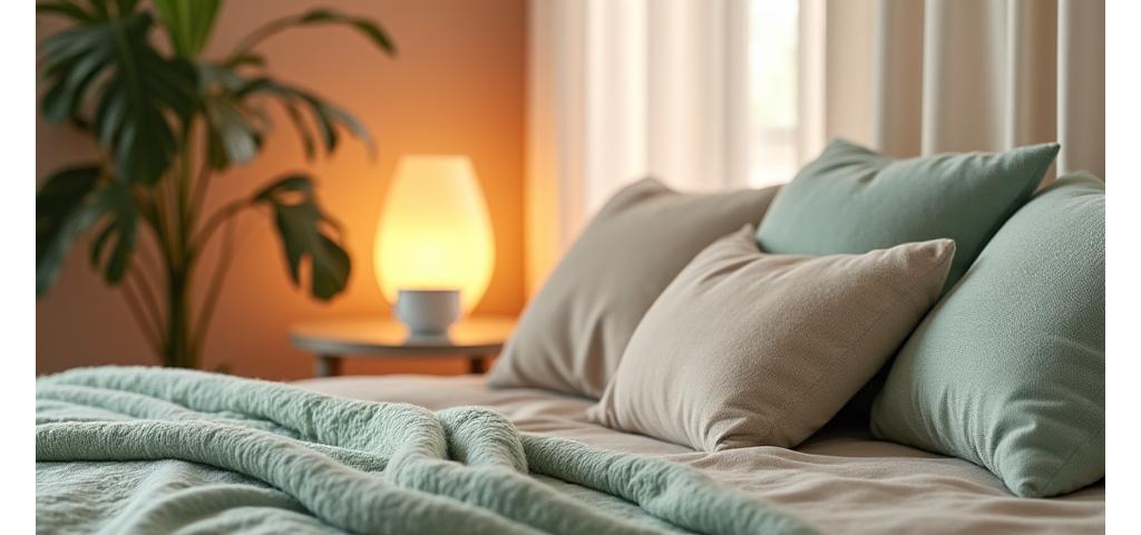 Coin détente confortable avec coussins et tisanes, ambiance sereine