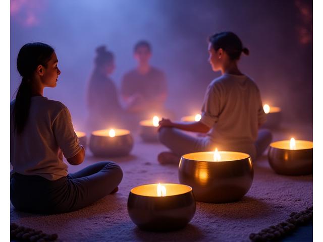 Groupes méditant pendant une séance de sound healing, entourés de bols chantants et de lumière tamisée